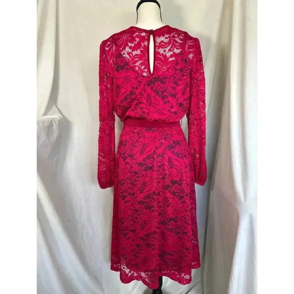 Nikki Poulos Magenta Pink Floral Lace & Blue Lining Size M Stretch Midi Dress - Picture 2 of 16